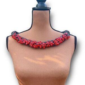 Vintage Braided Chainmail Necklace, Ruby Rhinestones, Heavy Weight Wide Collar